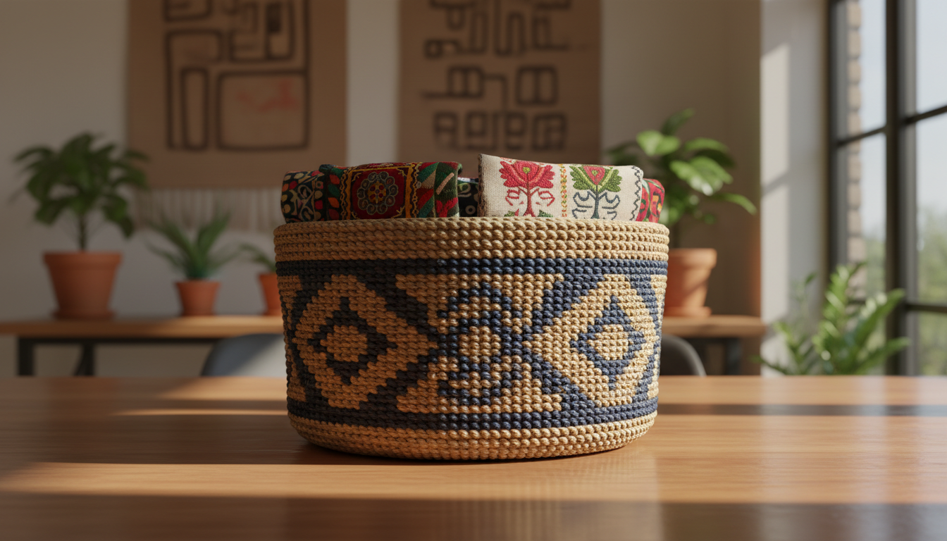 An elegant, handcrafted woven basket with intricate geometric patterns in deep indigo and sandy beige rests on a polished wooden table. The basket is filled with artisanal fabrics, each folded to showcase their rich, textured embroidery and vibrant traditional motifs. Sunlight pours in through a nearby window, casting delicate shadows and highlighting the basket's sturdy natural fibers. The background features soft-focus, earth-toned wall hangings and lush greenery, creating a warm and welcoming environment. Captured at eye-level with a balanced, centered composition, the scene feels inviting and grounded. The aesthetic is clean, modern, and culturally authentic, perfectly embodying the craftsmanship and identity of a women's group portfolio site.