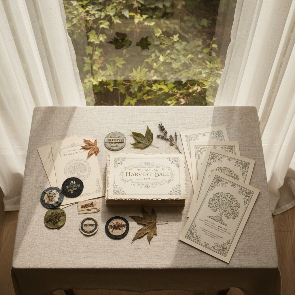 A collection of vintage event memorabilia, including delicately printed invitations, fabric badges, and embossed paper programs, elegantly arranged atop a linen-covered table. The setting is an airy, sunlit room with a backdrop of sheer curtains and trailing green vines, suggesting the passage of time and strong community roots. Indirect natural light bathes the scene, creating subtle highlights on the embossed details and gentle shadows that evoke nostalgia. Captured from an overhead, bird’s-eye perspective for comprehensive detail, the composition is meticulously balanced to convey organization and history. The atmosphere is reflective and archival, with a modern yet timeless aesthetic suited for an event-focused portfolio.