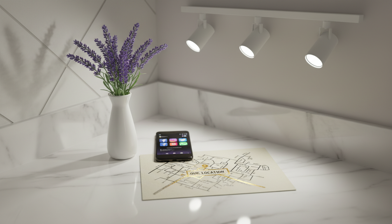 A modern, organized contact corner featuring a ceramic vase of fresh lavender, a sleek smartphone with a vivid screen displaying social media icons, and a hand-drawn map with the group’s location highlighted in metallic gold. All are neatly positioned on a white marble countertop. Overhead track lighting casts clear, cool-toned light, causing soft but distinct reflections on the marble and metallic ink. The shot is composed diagonally for dynamic interest, balancing practicality with aesthetics. The mood is friendly and accessible, with a minimalist, contemporary style that effortlessly integrates traditional elements with modern connectivity—ideal for the contact section of a portfolio.